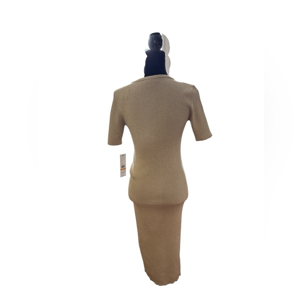 Calvin Klein Ribbed Knit Midi Dress Beige Logo Side Panels Bodycon Short Sleeve - Picture 4 of 10